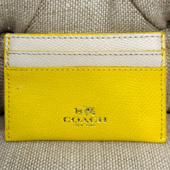 Coach Small Slim Card Case Wallet Crossgrain Leather F63669 Yellow Chalk Pre-Own - Picture 2 of 5
